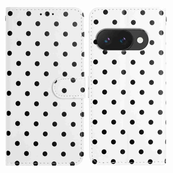 for Google Pixel 9a Wallet Case with Wrist Strap - Faux Leather Flip Folio Phone Case with Card Holder Slot Kickstand Cute Aesthetic Small Round Dot Design for Women Ladies, White