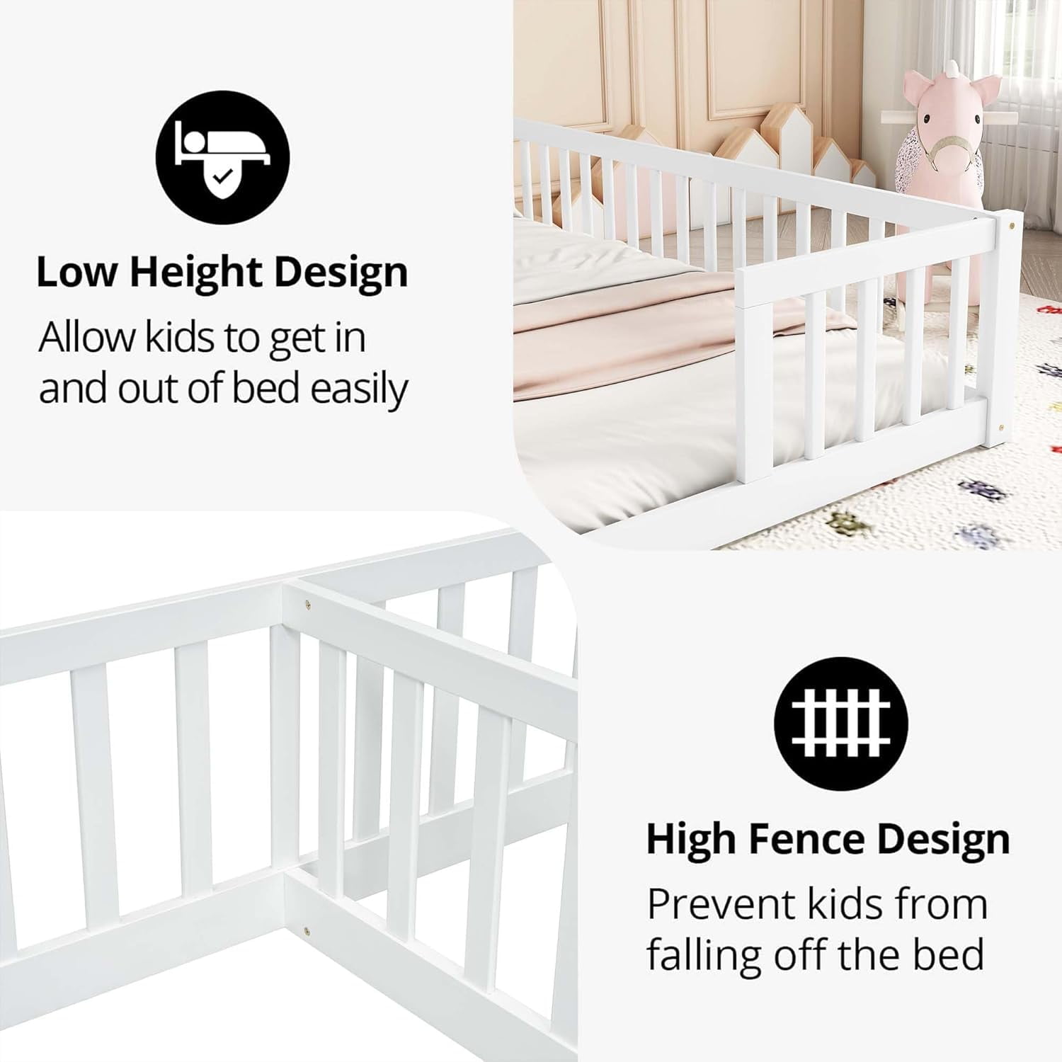 Kumix Double Floor Bed with Fence Guardrails, Wood Double Twin Floor Beds for Twins, Floor Bed for 1-3, Two Shared Beds, Floor Bed, Easy Assembly, White