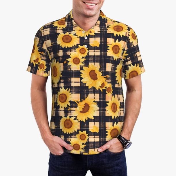 Balery Vintage Black White Plaid Sunflowe Camisa Polo de Hombre con Estampado, de Manga Corta y Tejido Medio, Camisa Tipo Golf Polo-Large