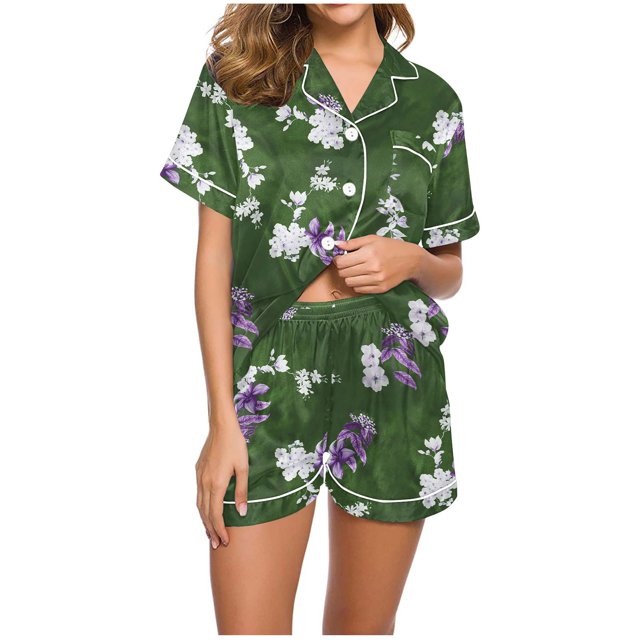 Rbaofujie Ensemble de Pyjama Short Femme Décontracté Imprimé Col Rabattu Blouse à Manches Courtes Mode Short Pyjama Costume Ensemble de Pyjama