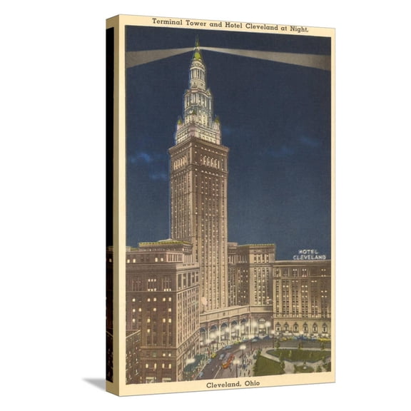 Art.com Night, Terminal Tower, Cleveland, Ohio Stretched Canvas Print Wall Art, 12" x 18"