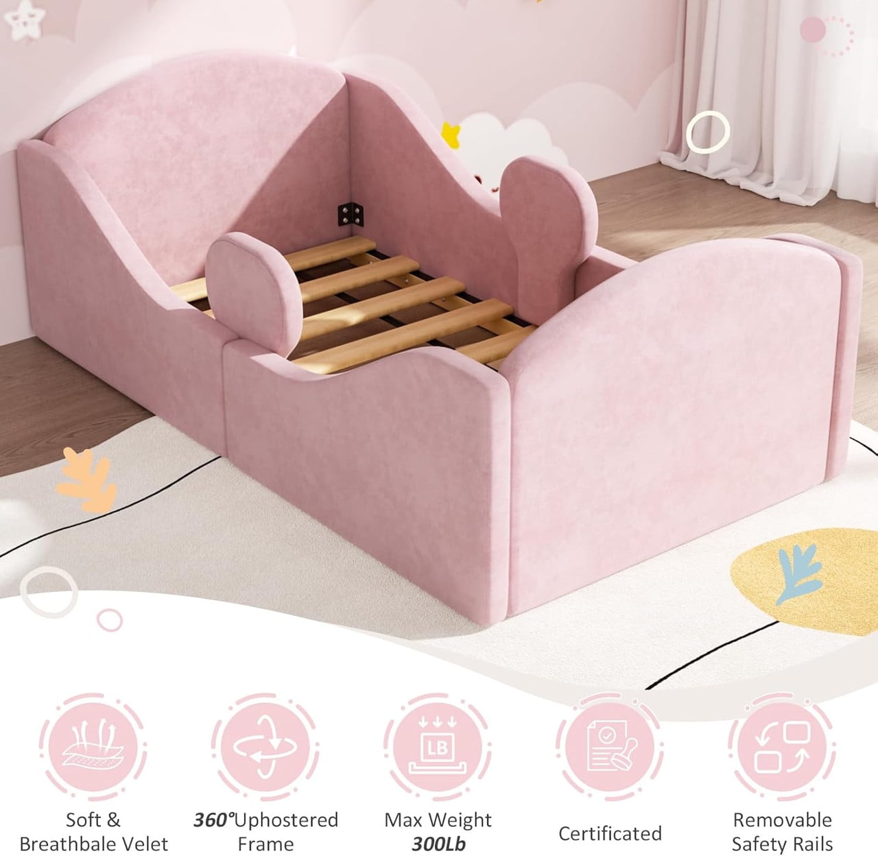 Datingday Toddler Floor Bed with Removable Safety Rails – Ultra Soft Upholstered Low-Profile Kids Bed, Standard Crib Size (Fits 52" x 28" Mattress), Pink, for Easy Crib-to-Big-Kid Bed Transition