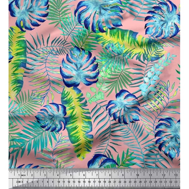 Soimoi polyester Crepe Fabric Leaves Tropical Print Sewing Fabric Yard 42 Inch Wide