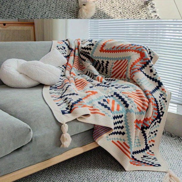 Manta bohemia con borlas, manta suave y cálida para sofá cama, 1 unidad