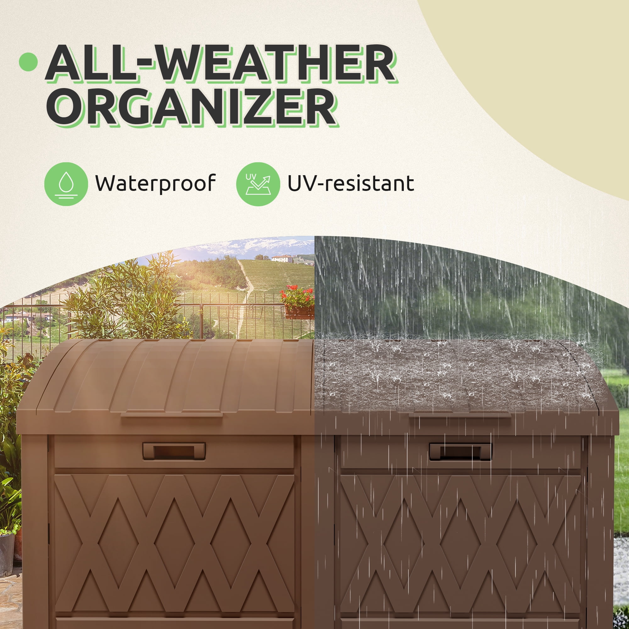 Uforic 62 Gallon Double Compartment Outdoor Trash Can, Waterproof Resin Garbage Bin with Tiered Lid & Drip Tray for Patio, Deck, Backyard, Dark Brown