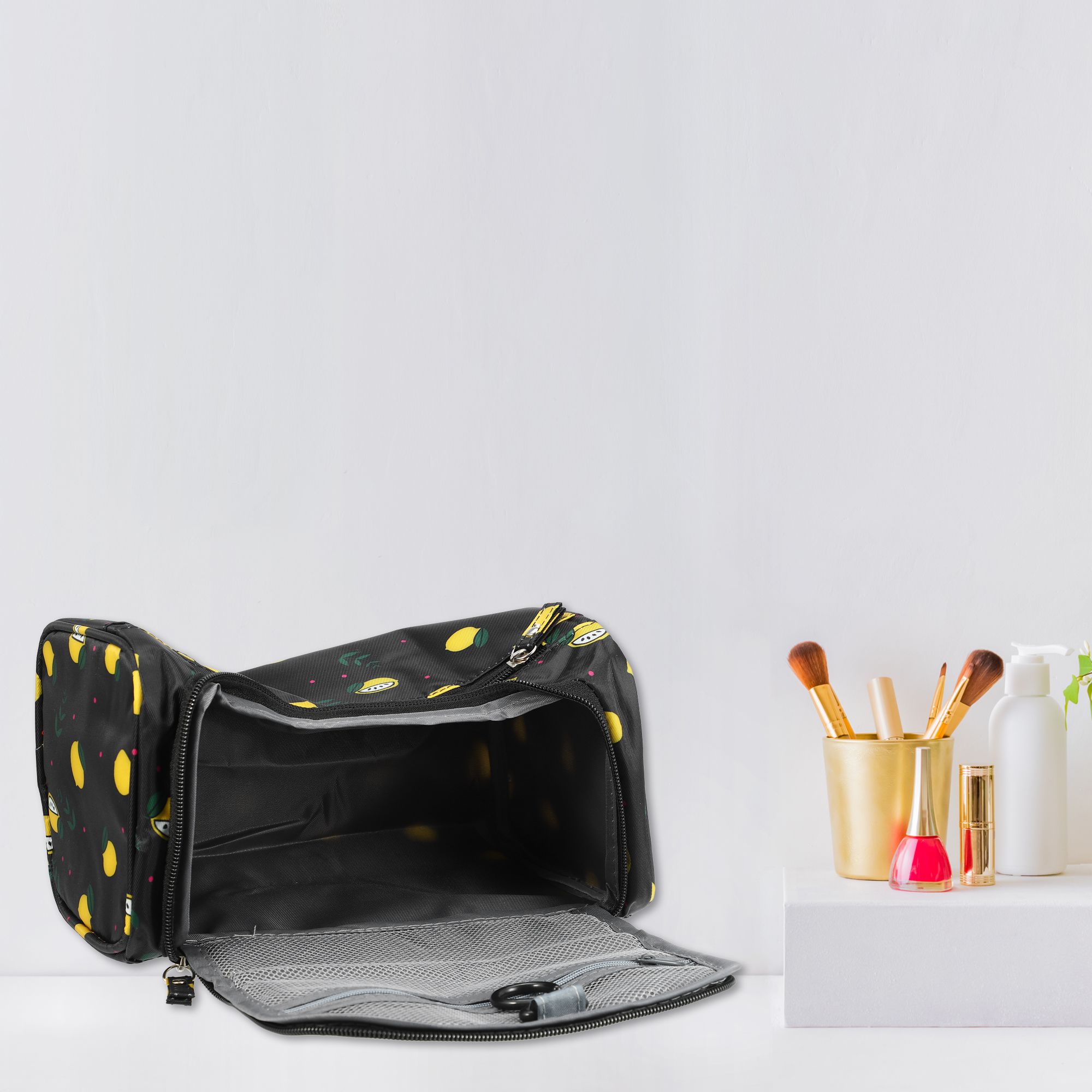 Unique Bargains Floral Makeup Bag Zipper Flower Cosmetic Pouch Black