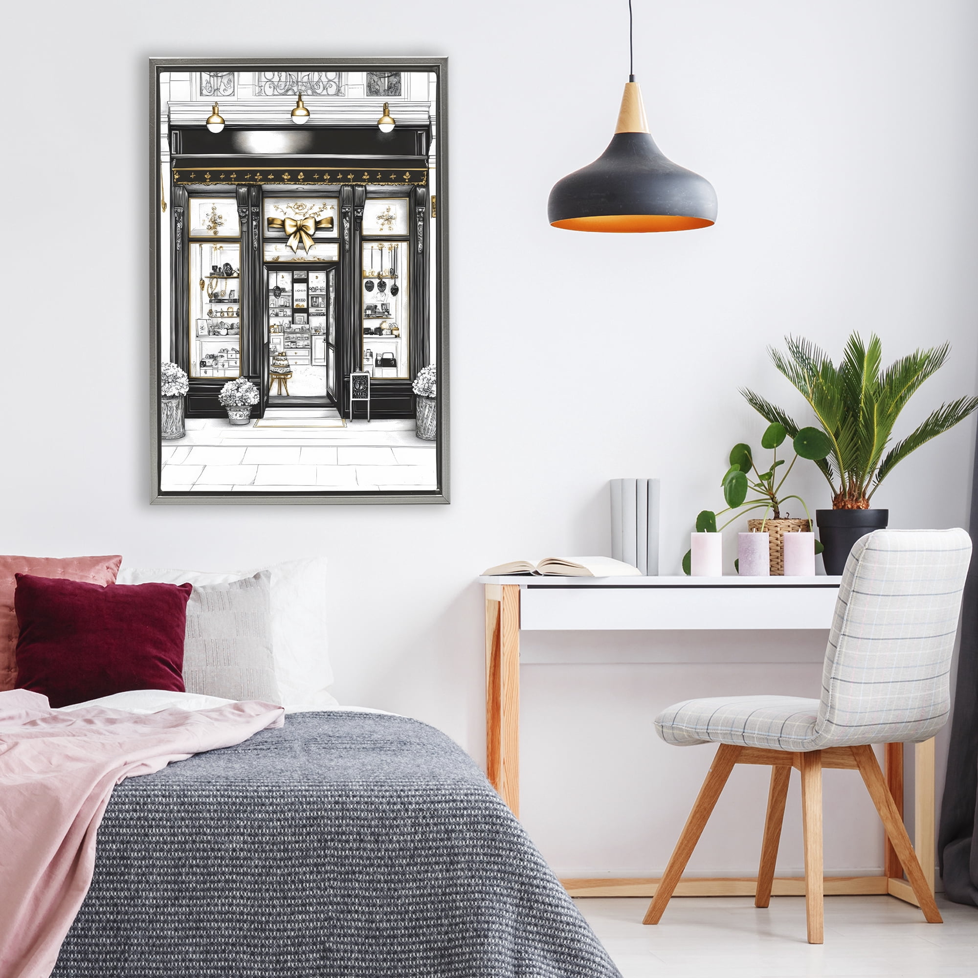 Stupell Industries Glam Paris Shop Facade Gray Framed Floater Canvas Wall Art, design by Petal Prints Design