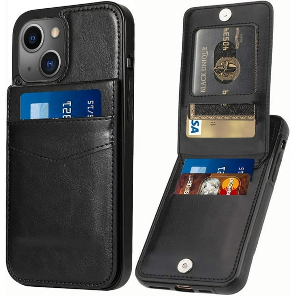Entronix Wallet Case for Apple iPhone 13 Leather Wallet Card Holder Case, Built In Kickstand with 6 Card Slots Holder for Apple iPhone 13, Black