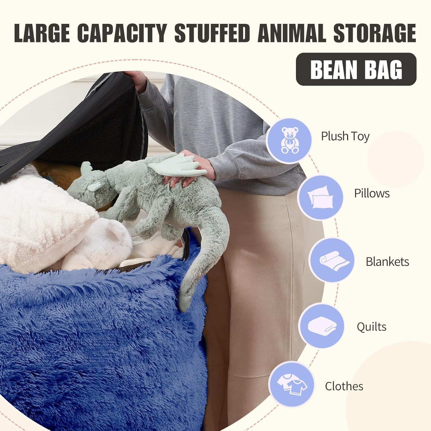 RAINBEAN Large Bean Bag Chair Cover, Plush Bean Bags Chairs Cover Only Without Filler Included, Beanbag Chairs for Adults, Teens, Kids, Dark Blue 5FT