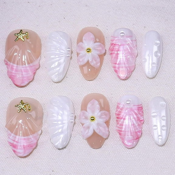 24Pcs Summer Starfish Press on Nails Medium Almond Fake Nails 3D Cute Seefish Flower Fruit with Pearl Full Cover Glue on Nails Artificial Colorful Beach False Nails for Women Girls Acrylic Nails DIY
