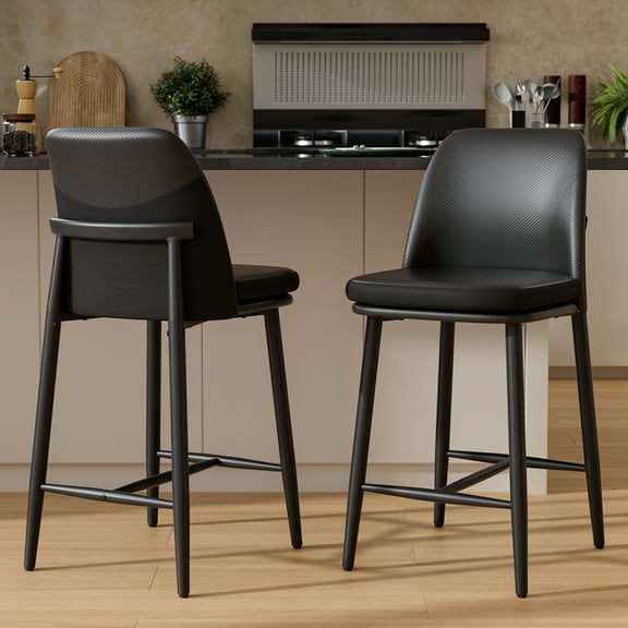 Solfway Bar Stools Set of 2, Upholstered Counter Height Bar Stools, Counter Stools 26 Inch Barstools with Back, Metal Legs and Textured Leather&Fabric for Kitchen Island Dining Room, Black