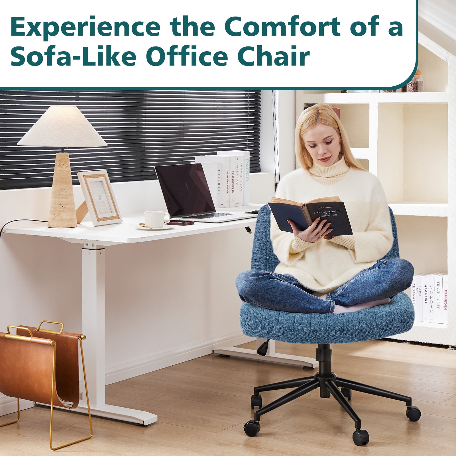 JIOABL Criss Cross Chair with Wheels,Wide Seat Ergonomic Desk Chair,U Shaped Backrest,Height Adjustable Armless Swivel Chair for Home Office,Vanity & Living Room,Linen Blue