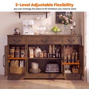 Keenstone Expandable Buffet Cabinet with Storage, 55.1 W Sideboard Cabinet with Drawers and Glass Doors, Coffee Bar Cabinet with Adjustable Shelves, Dark Brown