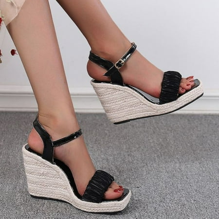 

Aayomet Sandals for Women Casual Summer Summer Open Toe High Heel Women s Straw Woven Thick Sole Wedge Sandals Buckled Roman Black 9