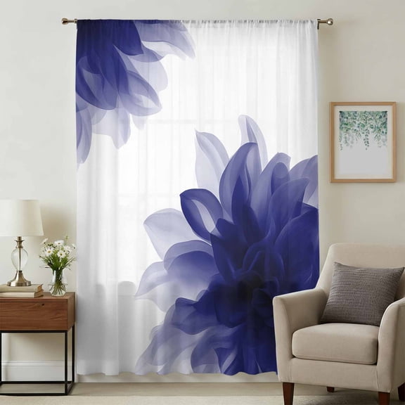 Blue Bohemian Sheer Curtains 108" Extra Long, Boho Modern Floral Abstract Ombre White Light Filering Curtains, Privacy Drapes Simi Floor to Veiling Curtain for Living Room Bedroom Window Treatment