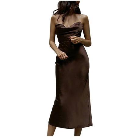 

Hfyihgf Womens Sexy Sleeveless Spaghetti Strap Satin Wedding Guest Party Dress Cocktail Evening Cowl Neck Backless Midi Formal Dresses(Brown L)