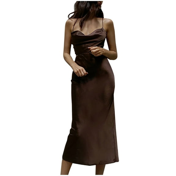 Bigersell Tank Dress Fashion Women Summer Casual Solid V-Neck Camis Sleeveless Tank Long Dress Women Boho Dress Style 25187, Female Extra long Dresses Brown M