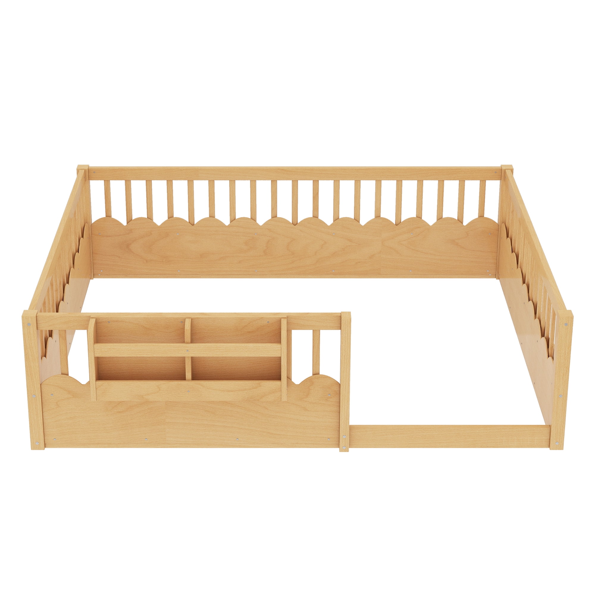 Mintazer Queen Montessori Floor Bed with Bookshelf & Heightened Fence, Kids Wood Floor Bed for Boys and Girls, Natural