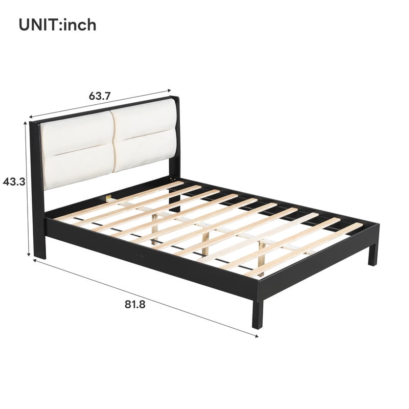 Wooden Queen Size Platform Bed with Velvet Upholstered Headboard, Low-Profile Bed Frame with Slat Support No Box Spring Needed