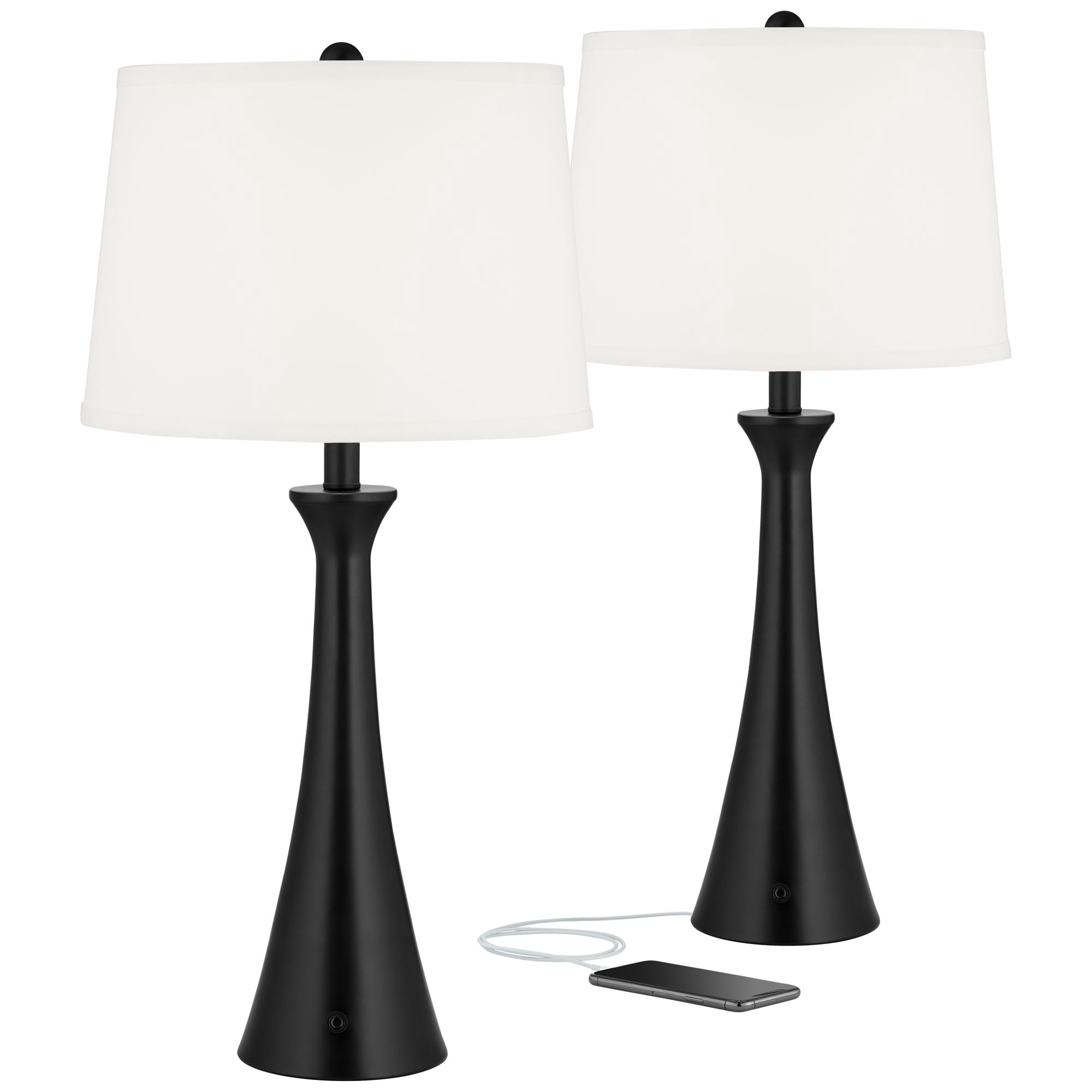 360 Lighting Karl Modern Table Lamps 28 1/4" Tall Set of 2 Black Metal with USB and AC Power Outlet in Base White Drum Shade for Bedroom Living Room