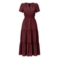 thumbnail image 5 of Bysome Women Dresses Solid Color Short Sleeve V-Neck Pleated Flowy Dress Summer Fashion Women Dress Size L Brown, 5 of 5