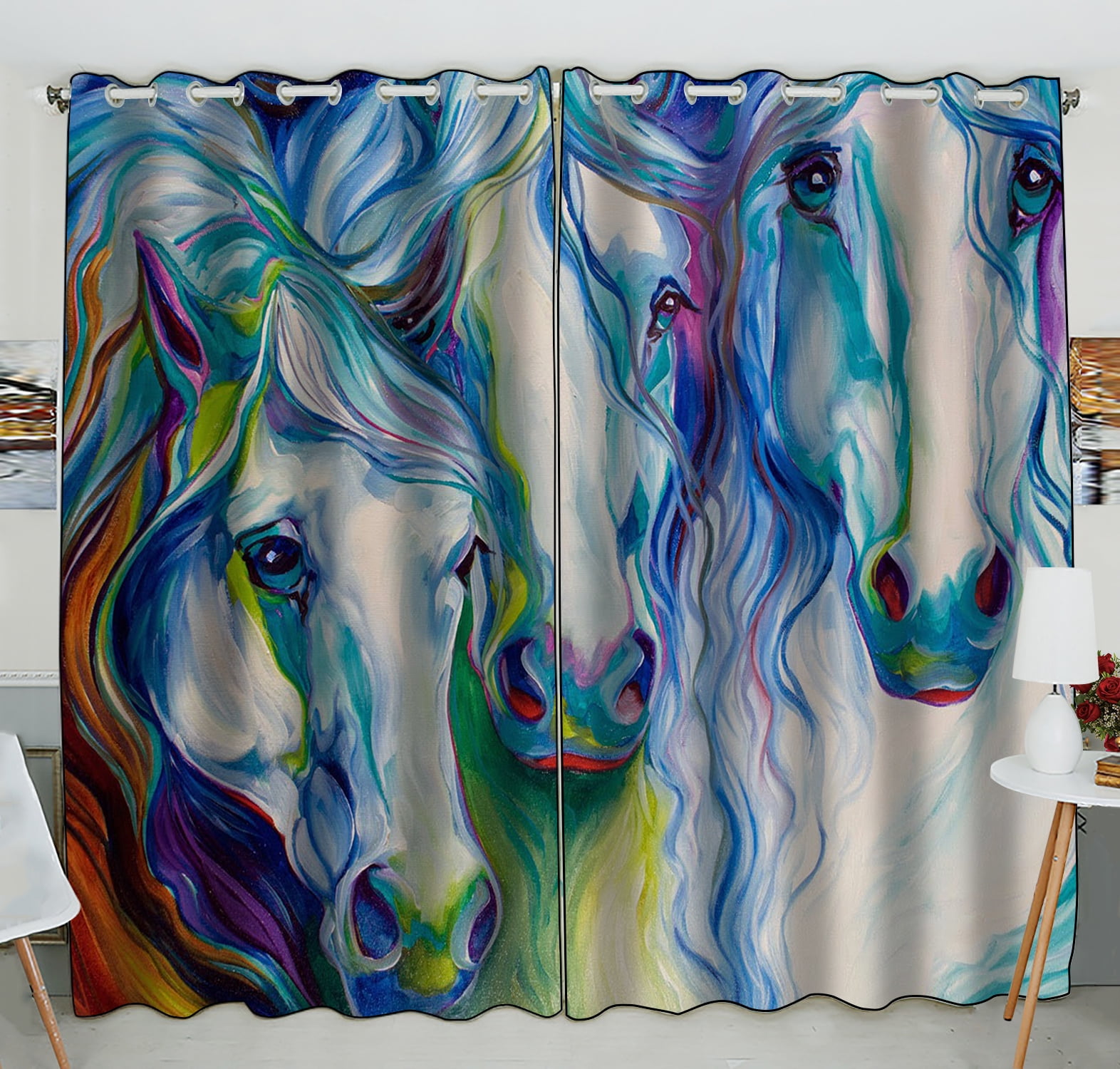 GCKG Horse Art Window Curtain,Horse Art Grommet Blackout Curtain Room Darkening Curtains For