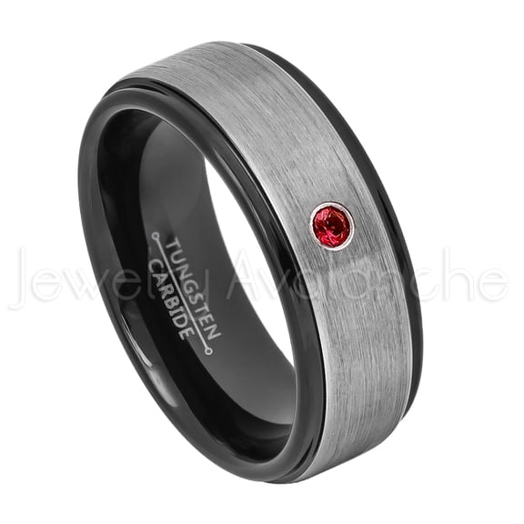 2-Tone Brushed Tungsten Wedding Band - 0.07ct Solitaire Garnet Ring - Personalized Tungsten Wedding Ring - Custom Made January Birthstone Ring TN678BS