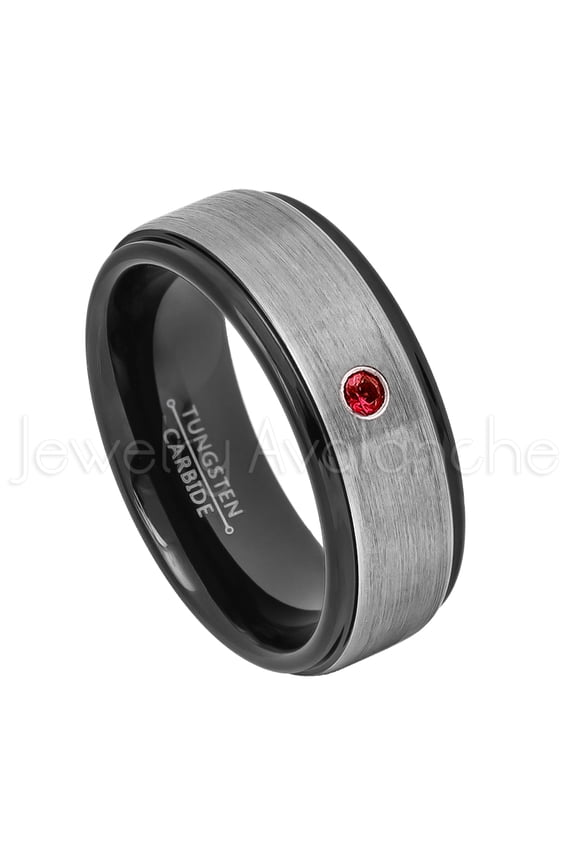 2-Tone Brushed Tungsten Wedding Band - 0.07ct Solitaire Garnet Ring - Personalized Tungsten Wedding Ring - Custom Made January Birthstone Ring TN678BS