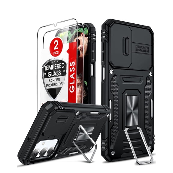 LeYi for Samsung Galaxy A16 5G Case: with Tempered Glass Screen Protector 2 Pcs, with Slide Camera Cover, [Military-Grade] Case Cover and Magnetic Ring Kickstand for Samsung A 16, Black