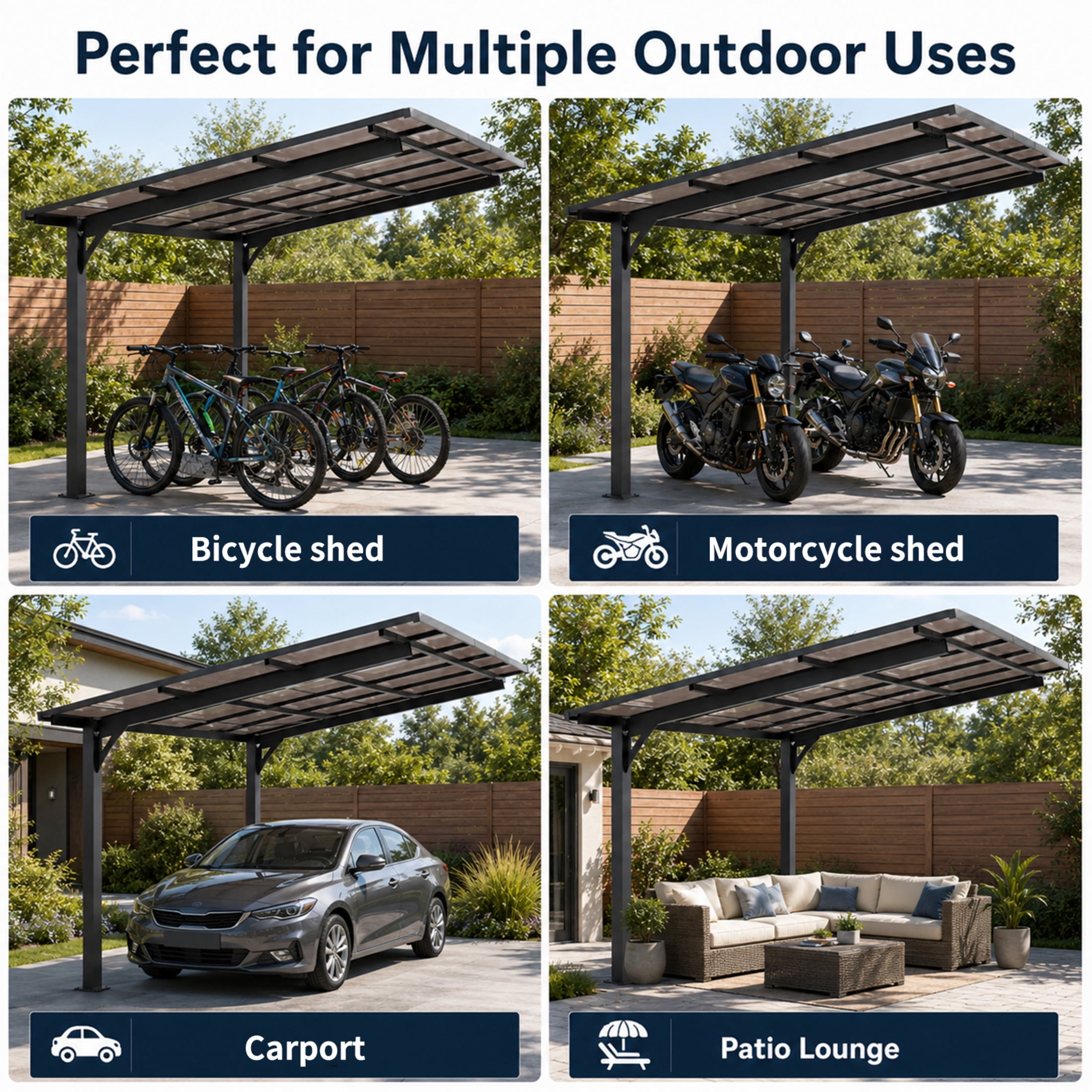 Noble House 10x10 FT Galvanized Steel Carport Awning, Sloped PC Roof Outdoor Utility Shelter & Grill Canopy, Black