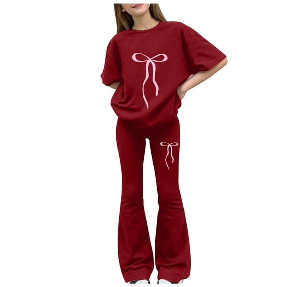 Girls Outfits Summer Short Sleeve T Shirt Flare Pants Sets Cute Bow Printed Casual Vacation Clothes Size 5-15T Clothes for Girls 10-12 Trendy for School