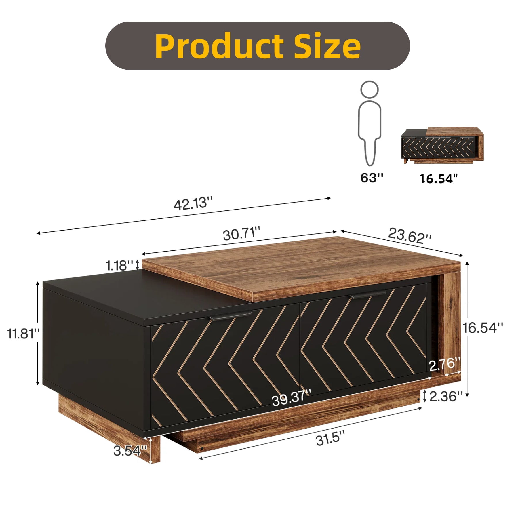 Fnova Modern Extendable Coffee Table with 2 Drawers, 42"-65" Expandable Wood Coffee Table for Living Room, Brown and Black