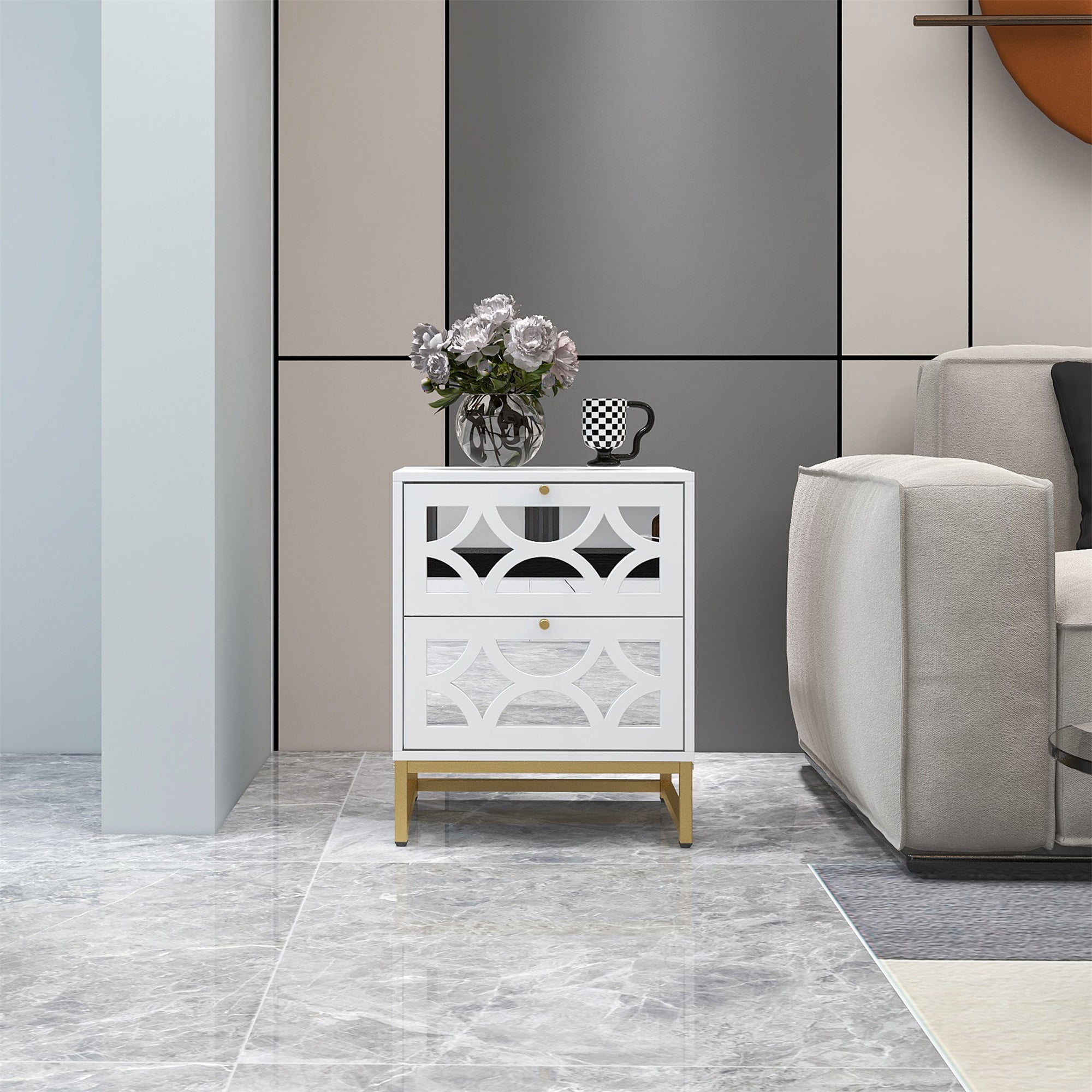Resenkos Modern Mirrored Nightstand with 2 Drawers for Bedroom, White Storage Bedside Table with Golden Leg Resenkos Modern Mirrored Nightstand with 2 Drawers for Bedroom, White Storage Bedside Table with Golden Leg