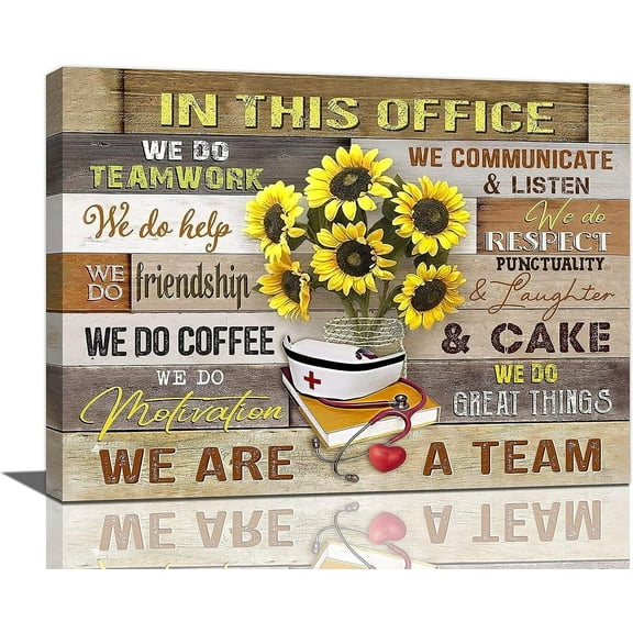 In This Office Nurse Wall Art Inspirational Quotes Therapist Medical Teamwork Nursing Gifts Sunflower Pictures Wall Decor We Are A Team Canvas Painting Prints Decorations Framed for School 16"x12"