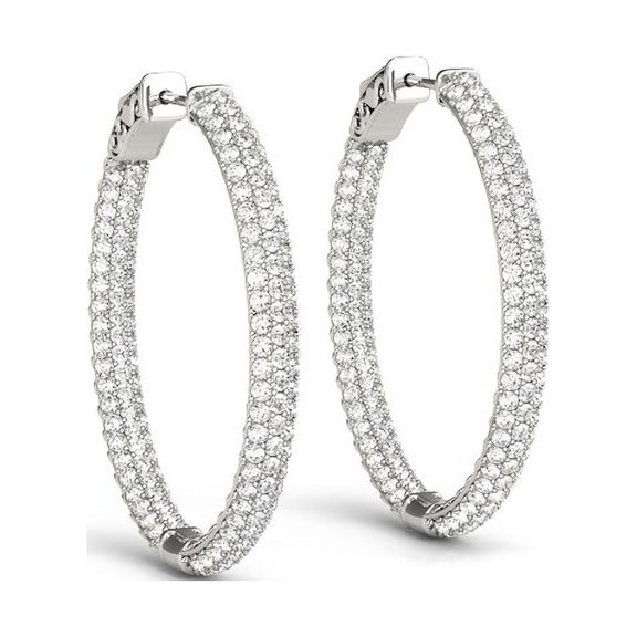14k White Gold Diamond Hoop Double Sided Three Row Earrings (2 cttw)