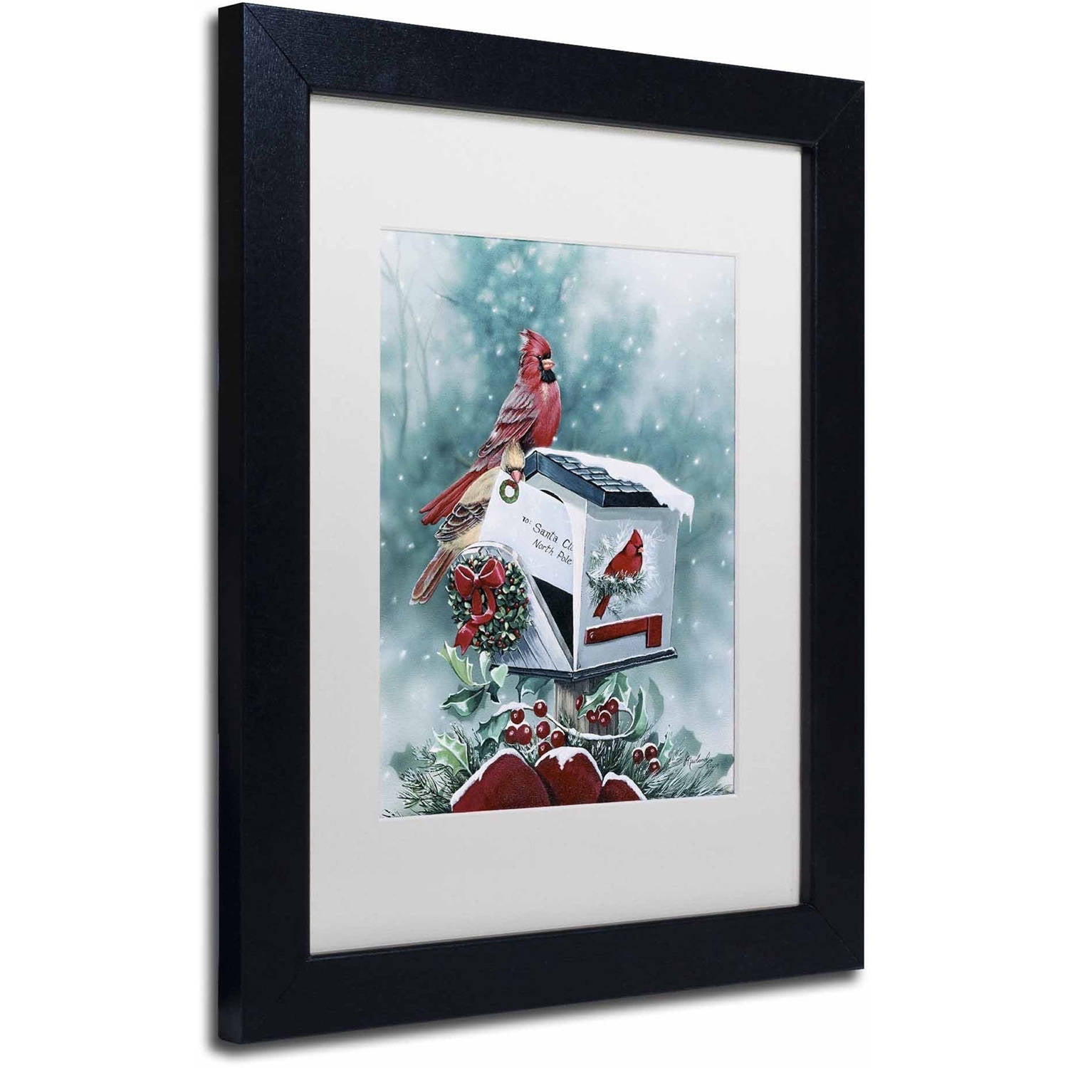 Trademark Fine Art 'Christmas Cardinals' Canvas Art by Jenny Newland, White Matte, Black Frame
