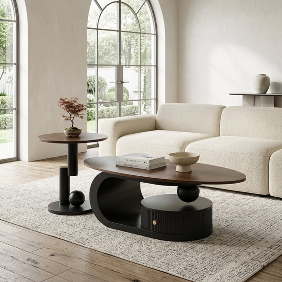 Nesting Coffee Table Set of 2 with Oval and Round Tops - Modern Black & Brown Design