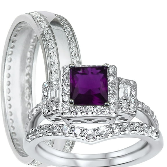 LaRaso & Co His Her Wedding Rings Amethyst CZ Bridal Engagement Wedding Set Sterling Silver 5/9