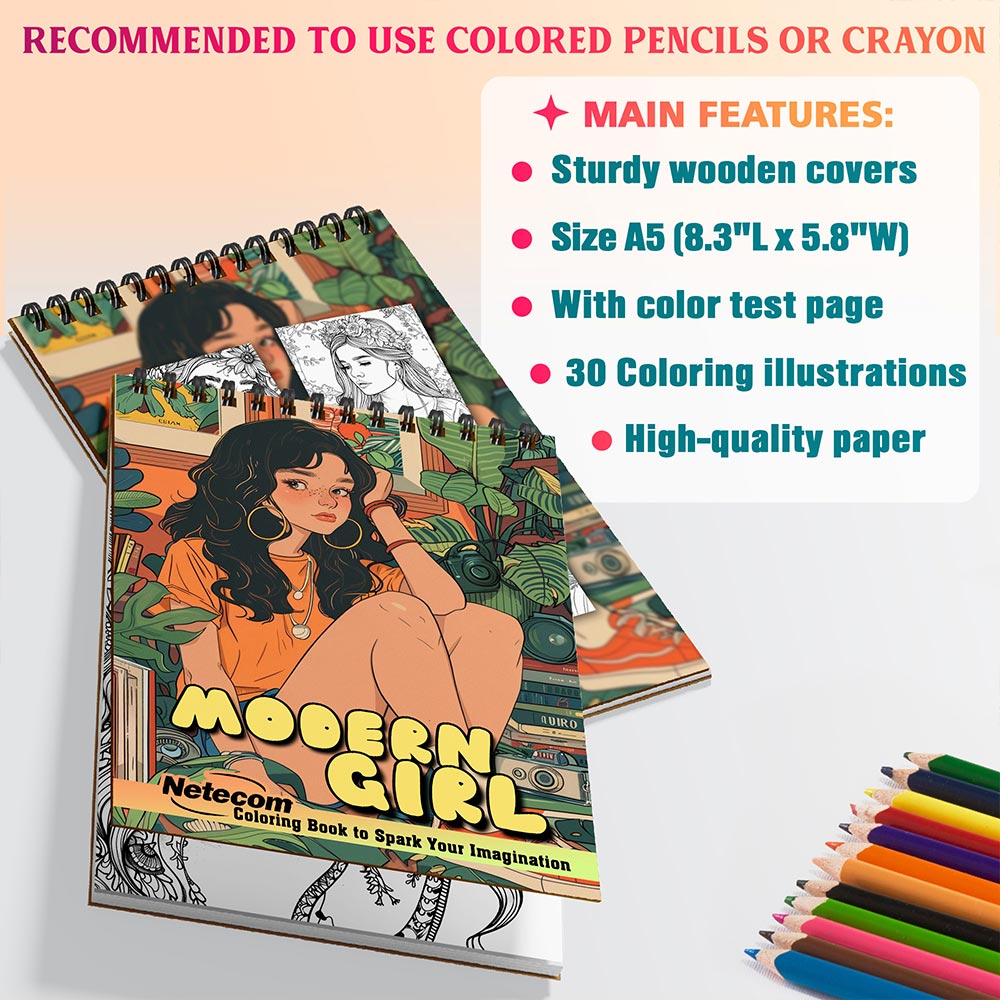 Netecom Modern Girl Coloring Book for Women, A5 Wooden Cover, 30 Portrait Coloring Pages of Contemporary Girls for Stress Relief and Relaxation, Spiral Bound Edition