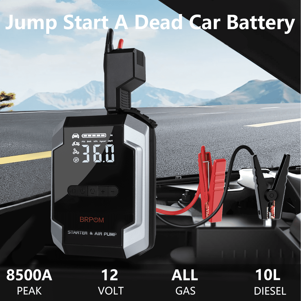 BRPOM 8500A Car Jump Starter with Air Compressor 150PSI, 10000mAh Portable Car Battery Jump Starter Box 12V (All Gas/10L Diesel), QC 3.0 Power Bank, LCD Display, LED Emergency Light, Jumper