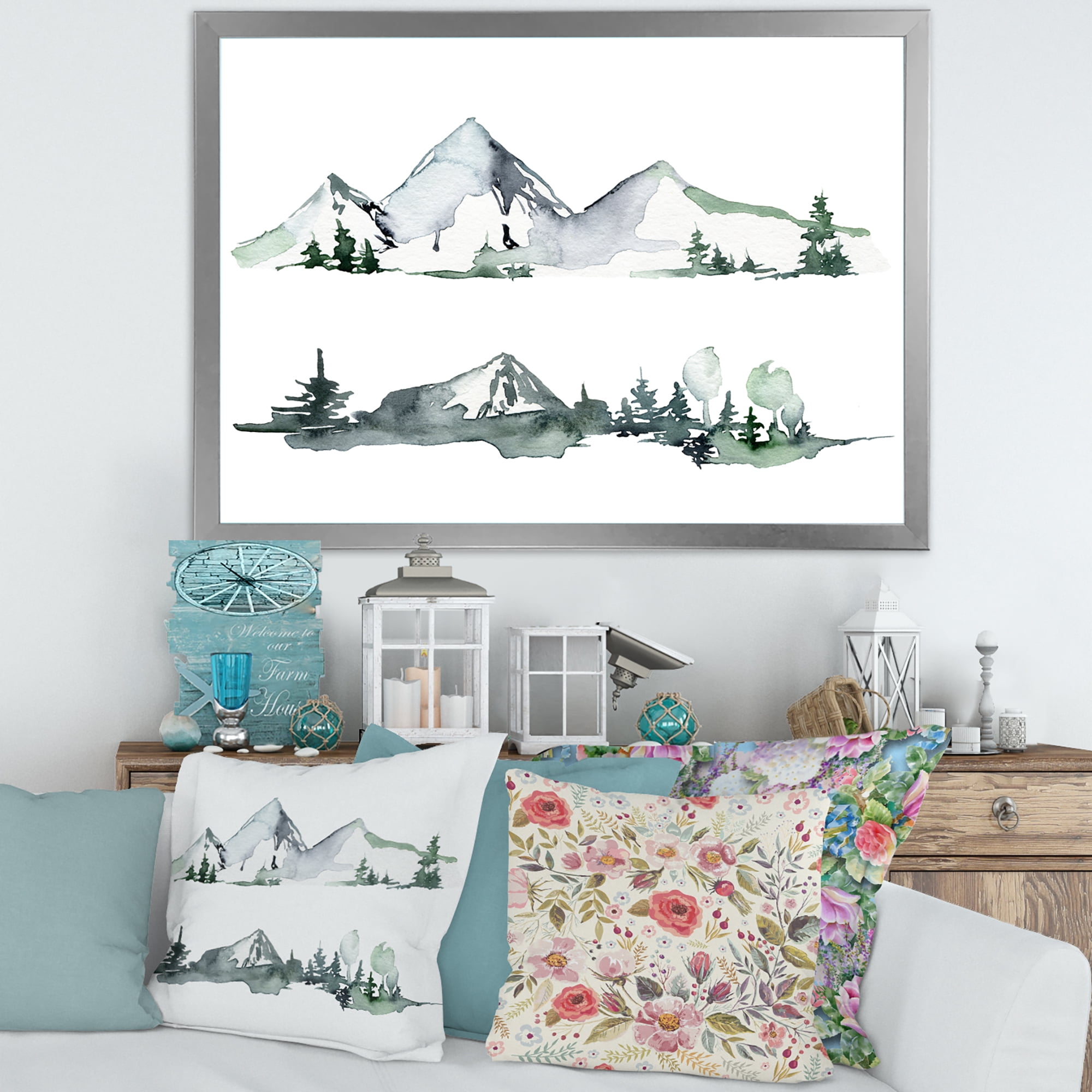 Designart 'Trees With Winter Dark Blue Mountain Landscape II' Modern Framed Art Print