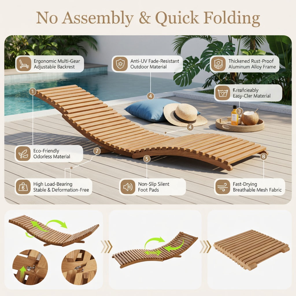 Hommoo Teak Wood Folding Chaise Lounge Chair for Patio, Backyard & Poolside, Slatted Design, Easy-Store Outdoor Recliner, Natural