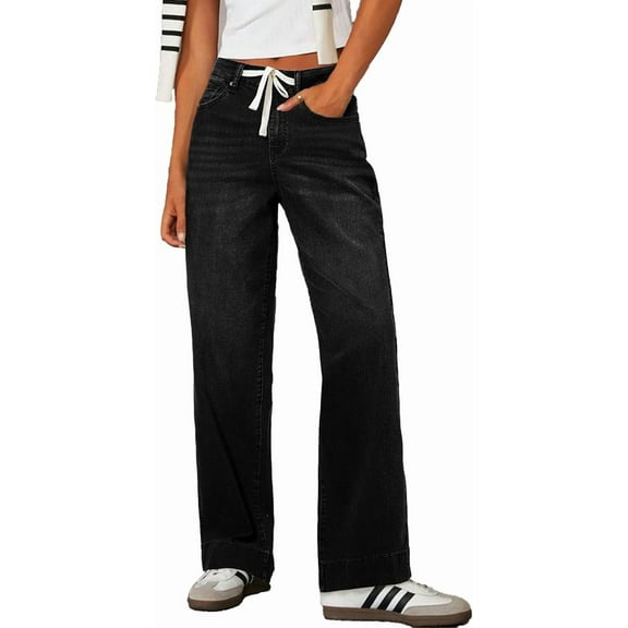 Women's Wide Leg Jeans High Waisted Stretchy Straight Leg Baggy DrawstringDenim Pants