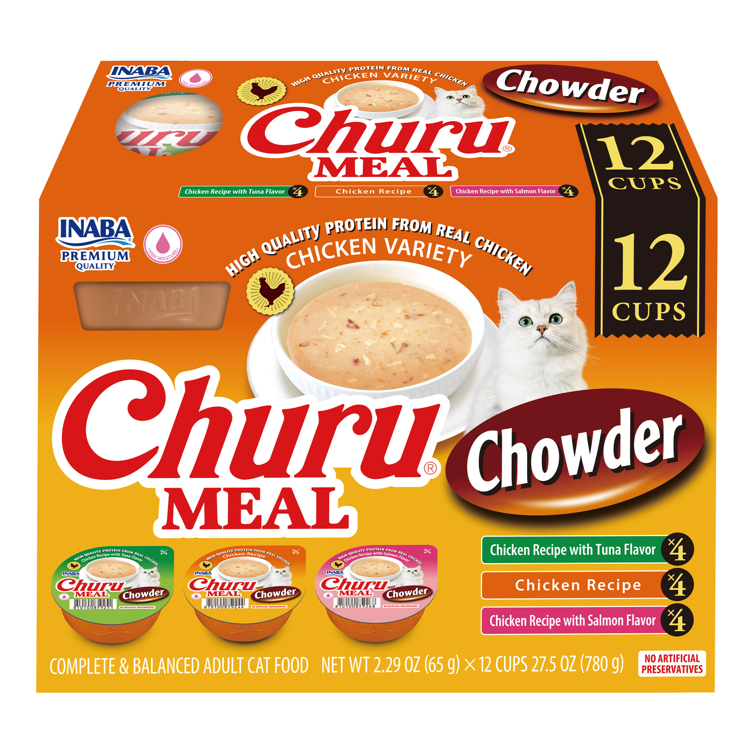 INABA Churu Meal Chowder Adult Wet Cat Food, 2.29 oz cup, 12-count, Chicken Variety Pack