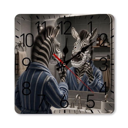 RKSupls 10×10inch Square Silent Wall Clock Wooden Frame, Zebra Bathroom Shaving Mirror Scale Decorative Clock for Home Bedroom Living Room Office