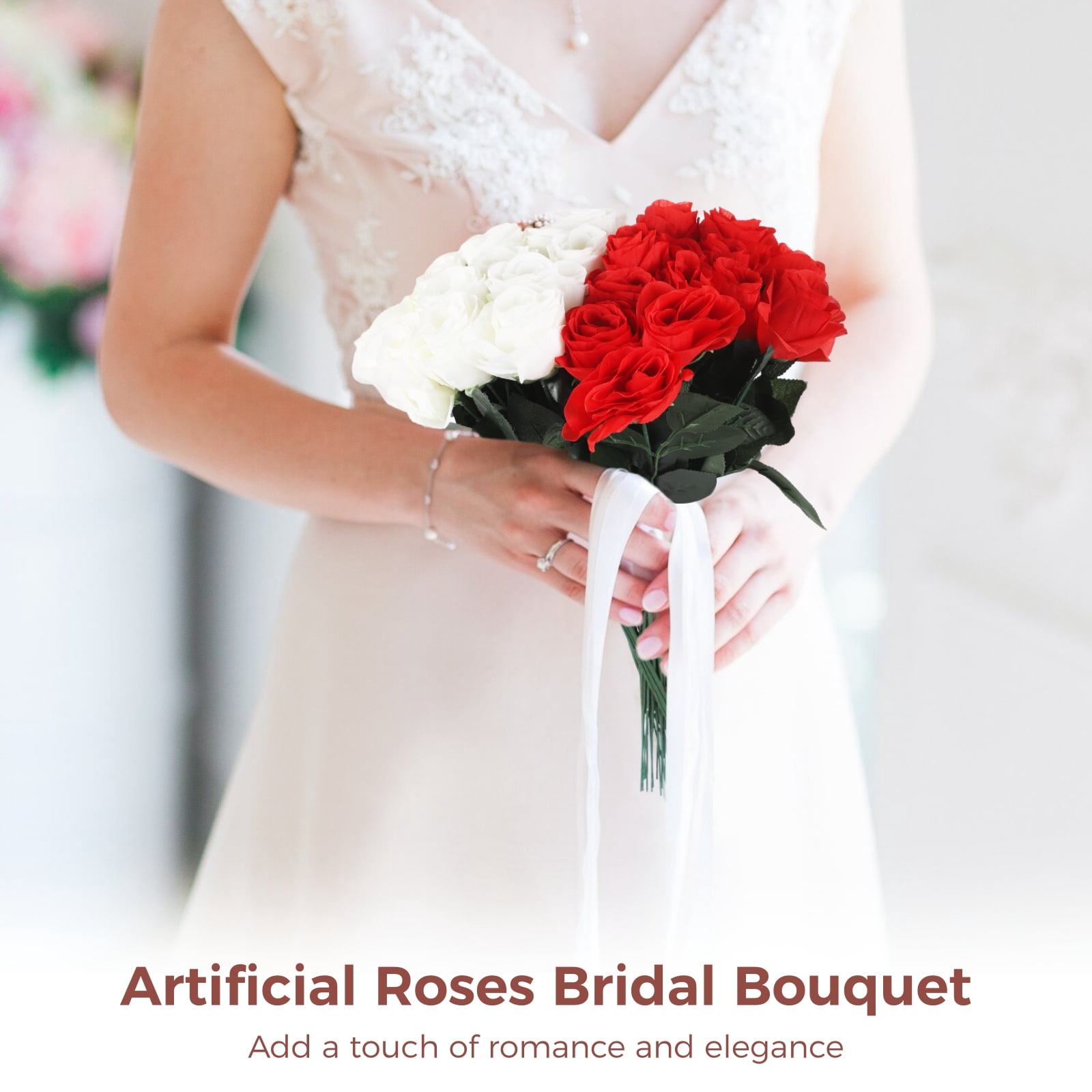 36 Pack Red & White Artificial Roses – 16.5" Realistic Silk Cloth Flowers for Bridal Wedding Bouquets, Table Centerpieces, Party Decor & Home Floral Arrangements