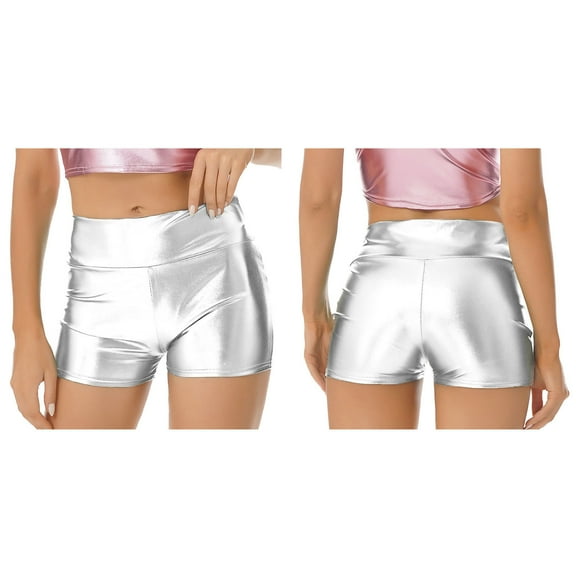 Miutii Women's Shiny Metallic Wetlook Jazz Hip Hop Dance Shorts Rave Festival Fancy Dress Booty Silver M