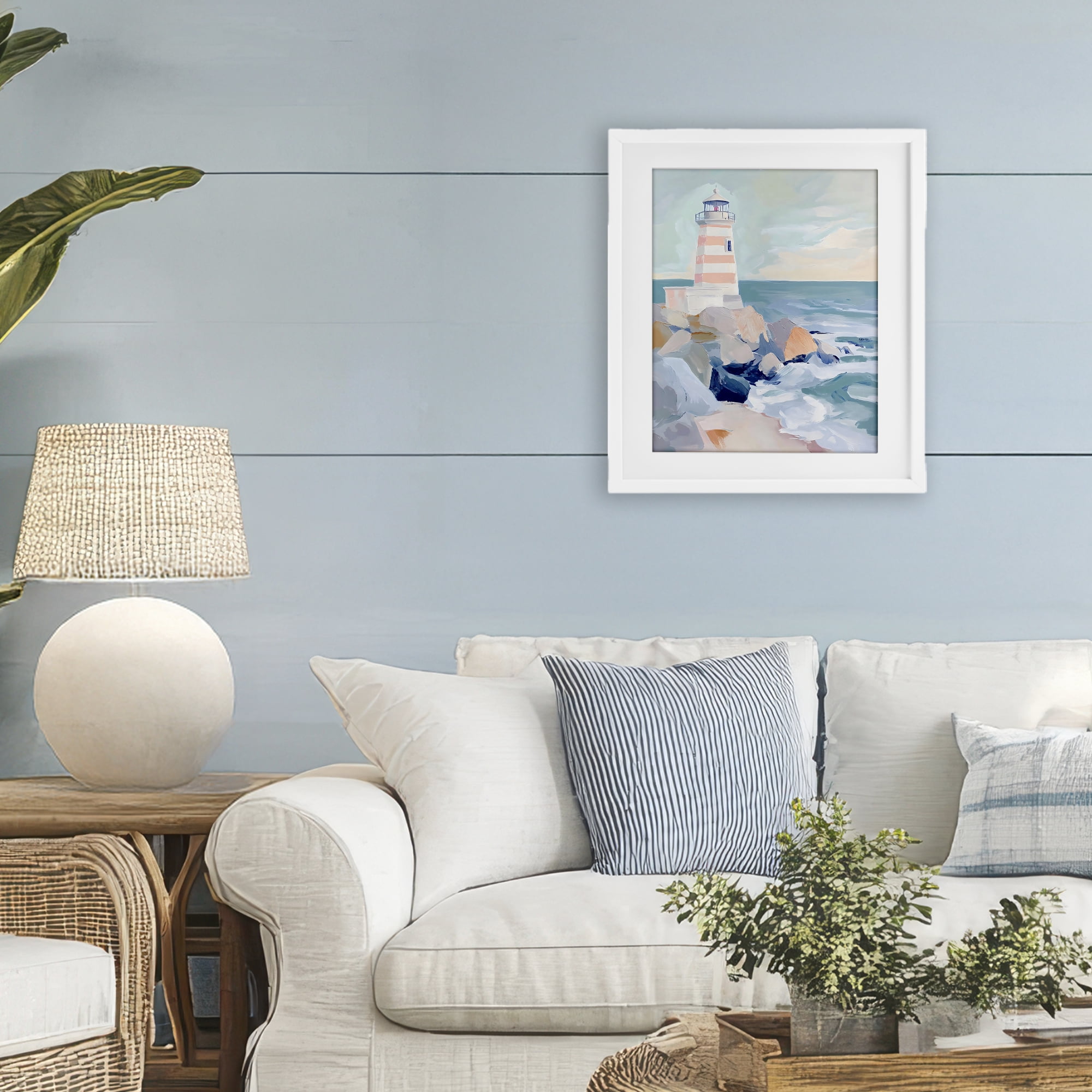Stupell Industries Coastal Lighthouse in Pastels White Framed Print Under Glass, design by Creative Studio