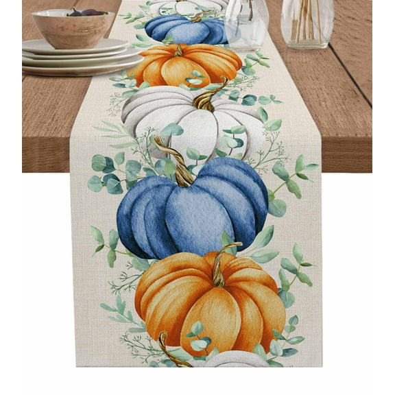 Blue White Orange Fall Burlap-Cotton Table Runner 72 Inches Long,Thanksgiving Eucalyptus Leaves Retro Beige Farmhouse Table Runners,Outdoor Dining Tablecloths for Baby Shower Party Wedding 18x72