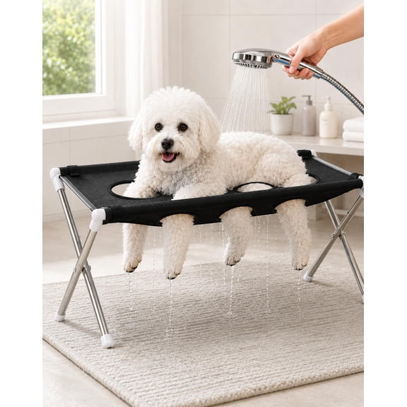 Dog Bath Holder for Small Dogs, Foldable Dog Grooming Hammock Stand,Blue | Hands-Free Dog Bath Holder with 8-Hole Breathable Sling & Foldable Stand for Easier Bathing, Rinsing & Grooming